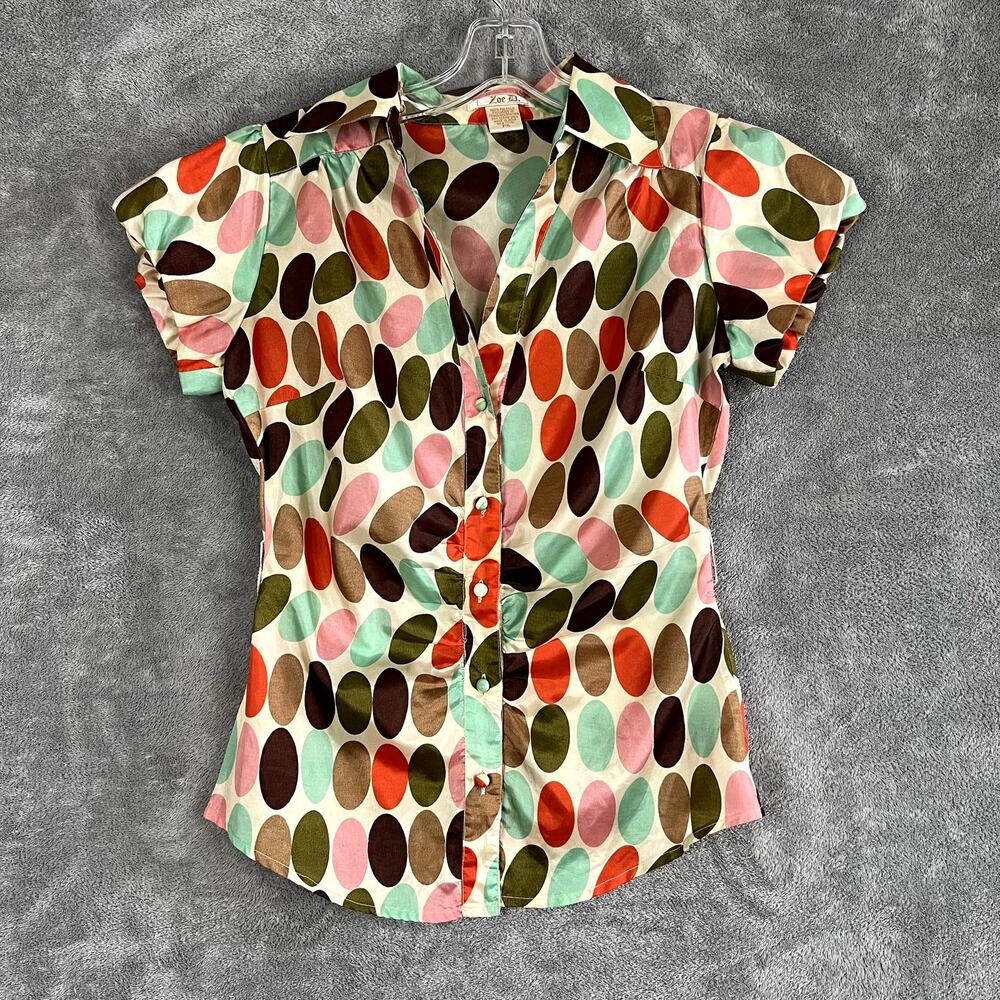 Vintage Y2K Zoe B Button Down Blouse Womens PS Polka Dot Ruched